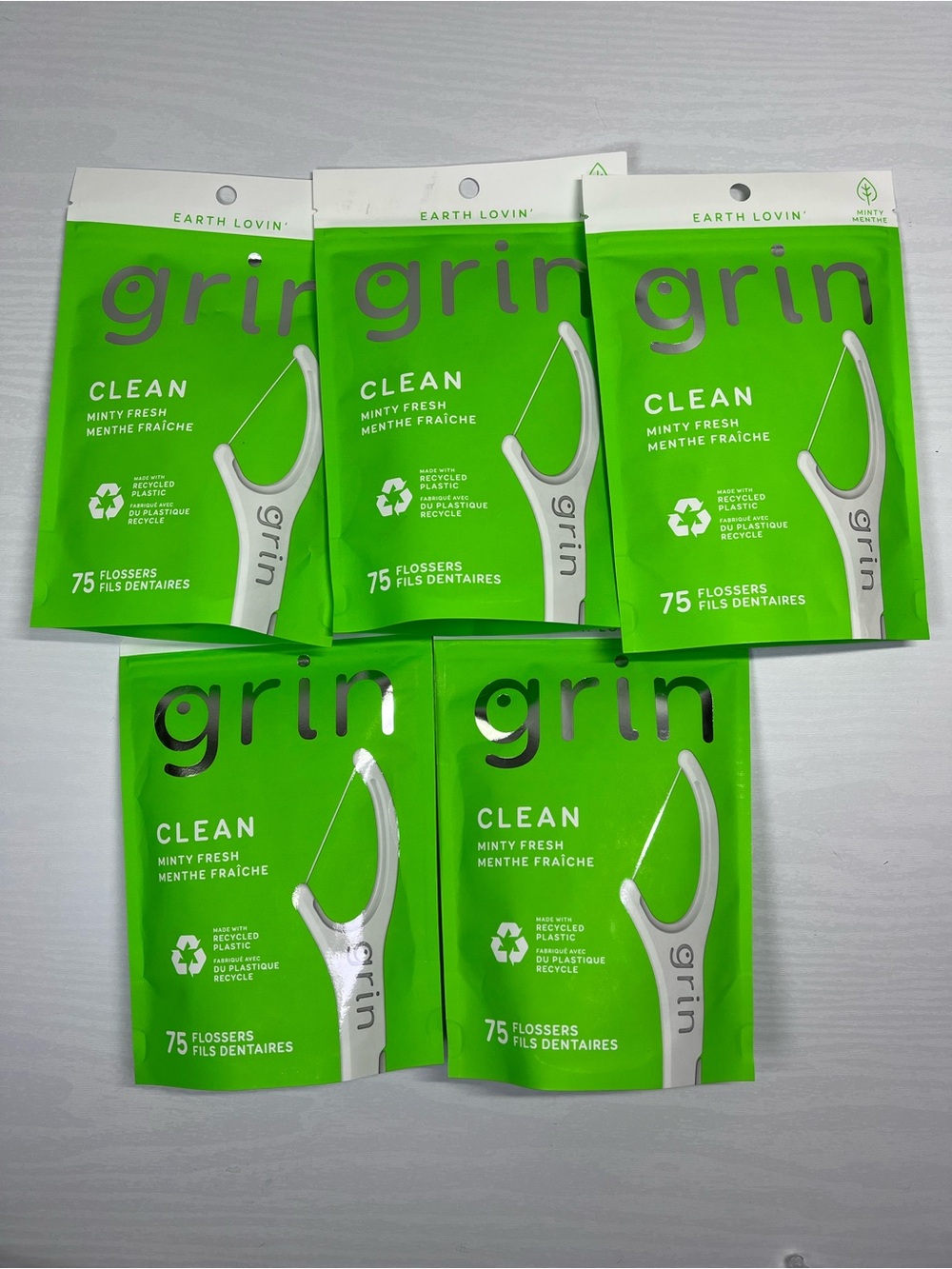 Lot of 5 Grin Clean Minty Fresh Flossers 75 Count
